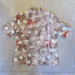 St John Sport Marie Gray. Ivory velvet flower on beige background w/red accent